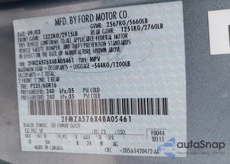 2004 Ford Freestar Ses из США, поврежденный, VIN 2FMZA576X4BA05461